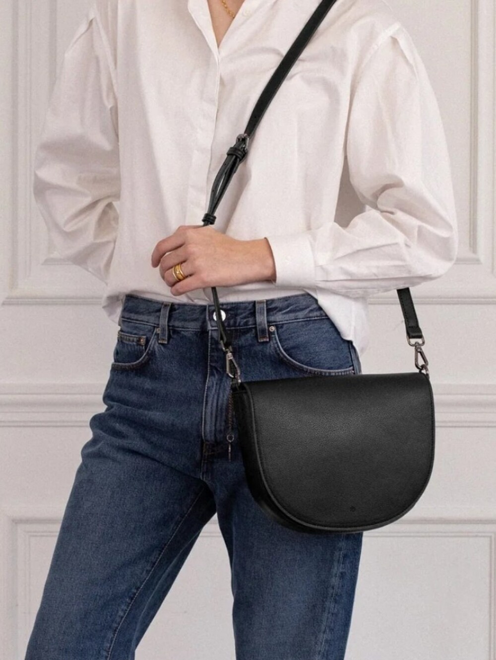 ELA Saddle Bag Crossbody Bag Half Moon Shape Gold Hardware Black Pebble Faux